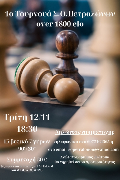 1&omicron; Open &Tau;&omicron;&upsilon;&rho;&nu;&omicron;&upsilon;ά &Sigma;.&Omicron;.&Pi;&epsilon;&tau;&rho;&alpha;&lambda;ώ&nu;&omega;&nu; Over 1800 elo